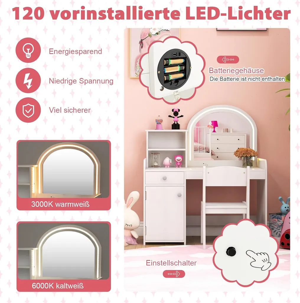 Table de Maquillage Enfant Blanche avec Lumières LED et Coiffeuse en Bois - 3