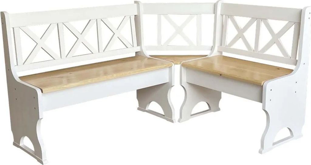 A white corner bench with a wooden seat against a white background.