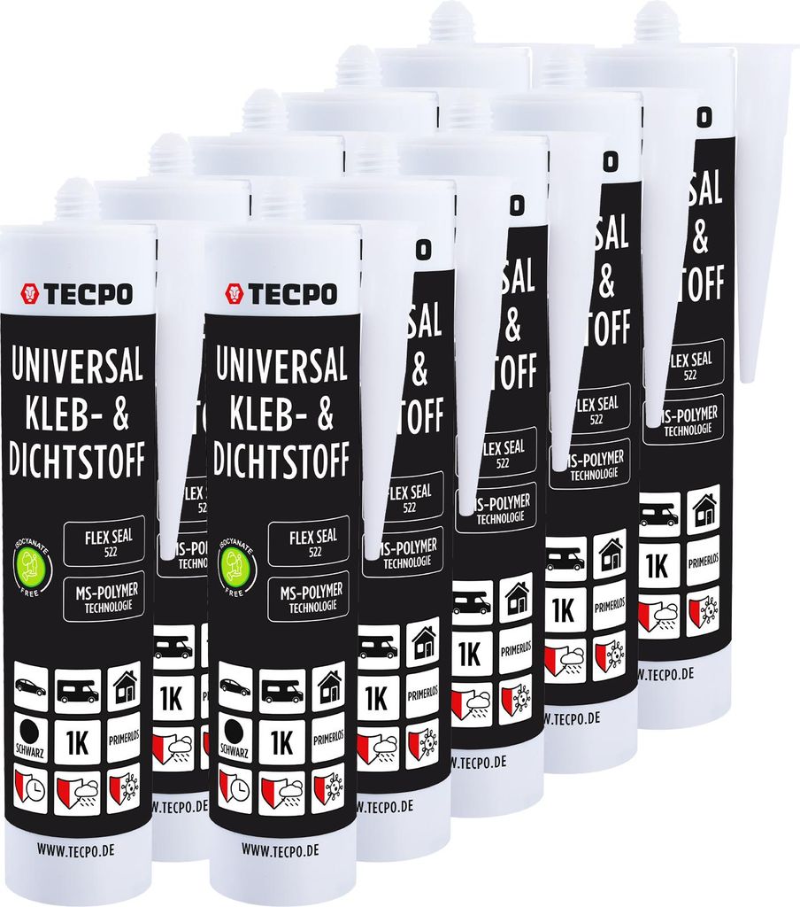 TECPO Universal Kleb- und Dichtstoff SMP Hybrid, 10x 480g Schwarz Flex Seal 522 elastisch, silikonfrei, lösemittelfrei- KFZ Bau Industrie Innen un...