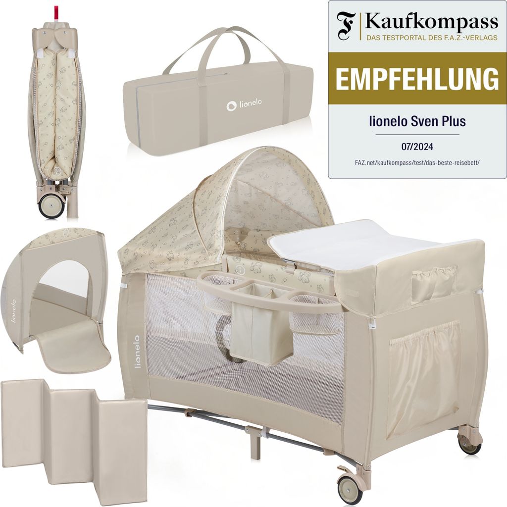 A collage of images showing a baby crib/playpen and its accessories, including a travel bag and a folded crib.