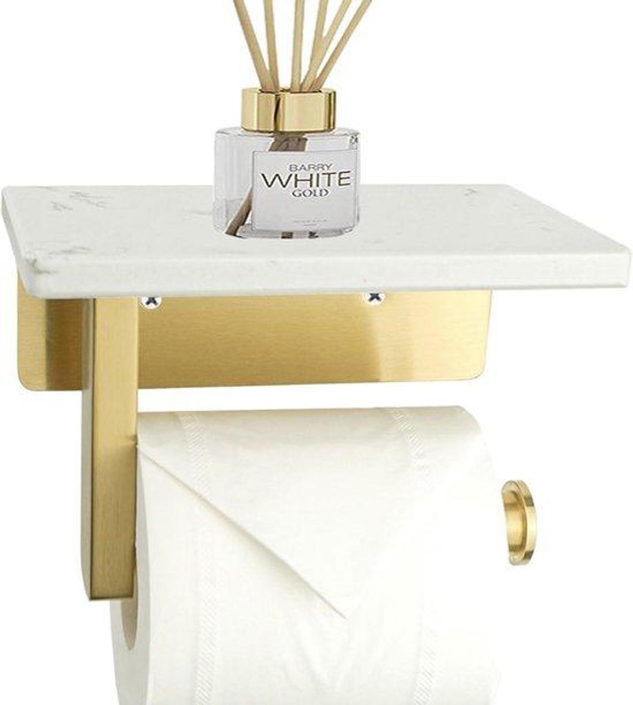 Toilettasche mit Gold | Wandmontage Toilettasche mit Weißem Marmelook | Verstärkter Chrom | Für Badezimmer & Küche