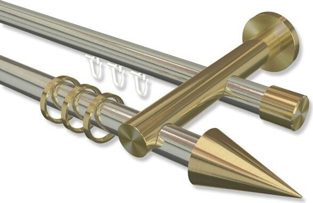 Interdeco Rundrohr-Innenlaufstange, Gardinenstange (Kombination) Edelstahl-Optik / Messing-Optik Modell Platon Savio, 20 mm Ø 2-läufig, 140 cm