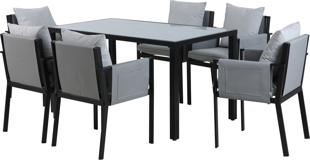 Möbilia Garten-Essgruppe | 1 Esstisch, 6 Stühle | inkl. Sitz- und Rückenkissen | grau – schwarz | 28020041 | Serie GARTEN