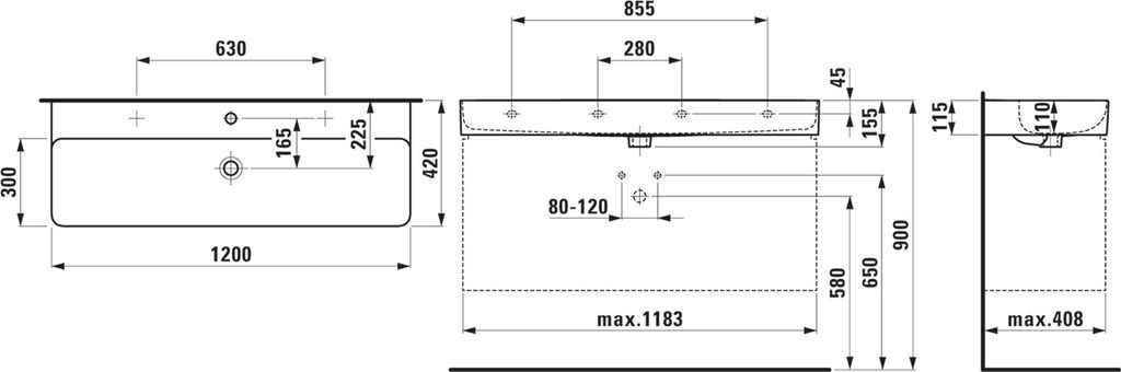 LAUFEN Laufen Waschtisch VAL 1200x420mm m ÜL ohne Hahnloch weiß matt
