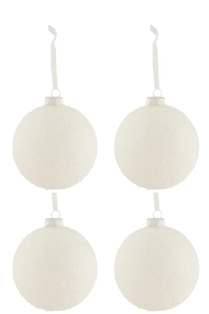 J-Line Boîte de 4 Boules de Noël en Verre Blanc Neigeux - Large Ø10cm