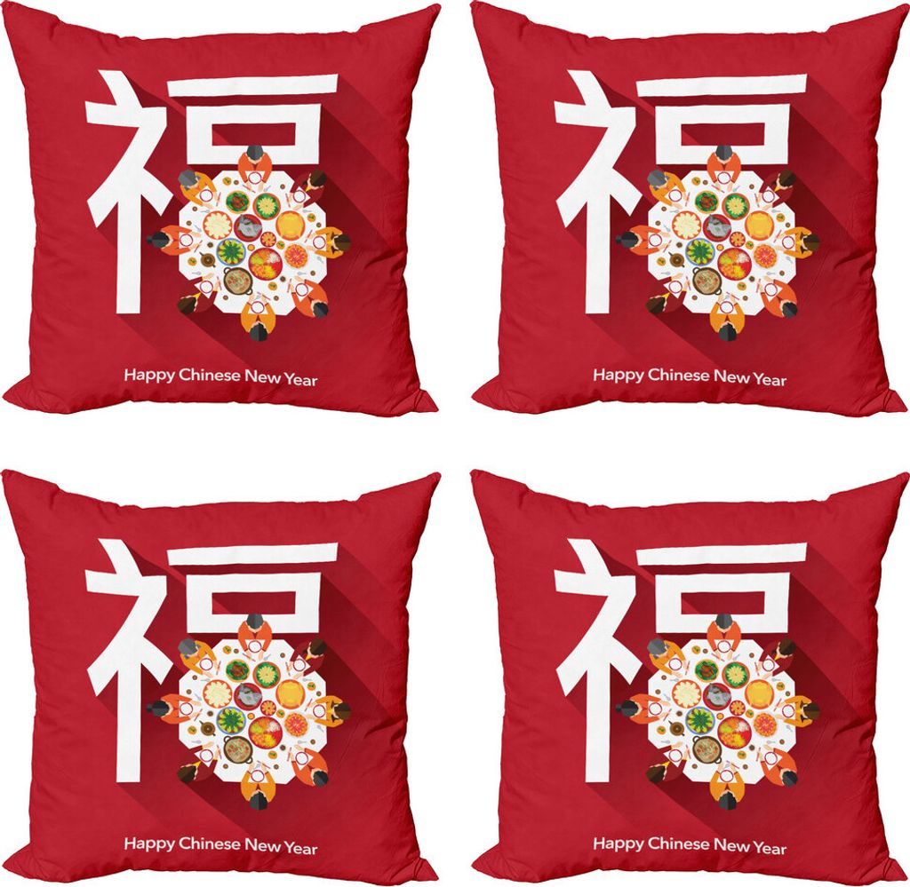 ABAKUHAUS Chinesisches Neujahr Kissenbezug Set (4 Stück), Happy Family Dinner, Moderner Doppelseitiger Digitaldruck, 45 cm x 45 cm, Mehrfarbig