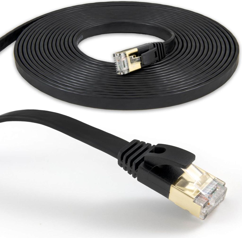 Flachkabel CAT 7 S/FTP LAN Ethernet Kabel RJ45 Schwarz 10 Meter