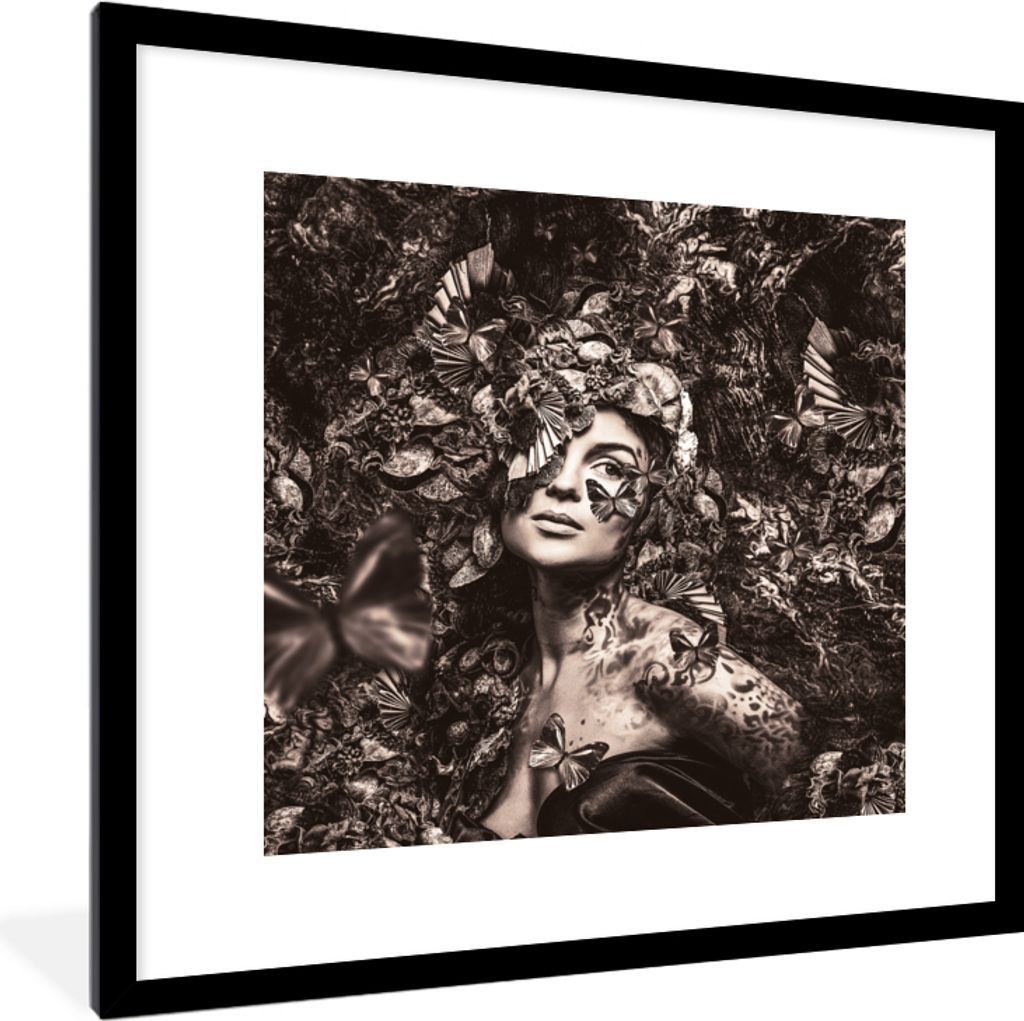 MuchoWow Gerahmtes Poster Sepia - Frau - Schmetterling 40x40 cm - Poster mit Schwarzem Bilderrahmen Wandposter Rahmen Foto Bilder - Poster - Plak...