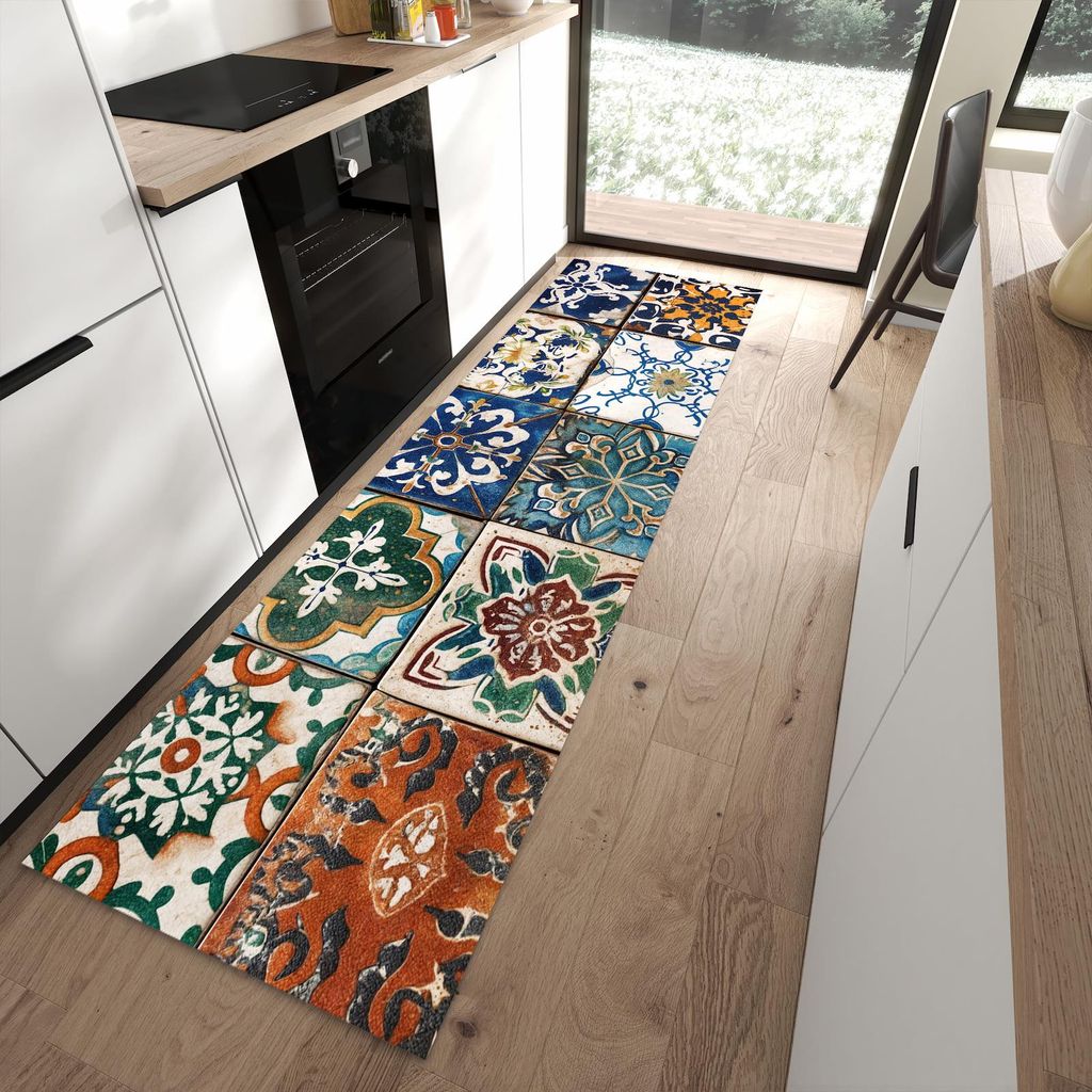 Küchenteppich 80x280cm rutschfest & abwischbar PVC Läufer - Bunte Fliesenkacheln