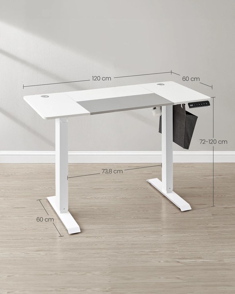 Höhenverstellbarer Schreibtisch - Elektrisch - 60×120 cm Tischplatte - Höhe 72–120 cm - Stufenlos verstellbar - Geteilte Tischplatte - Weiß/T...