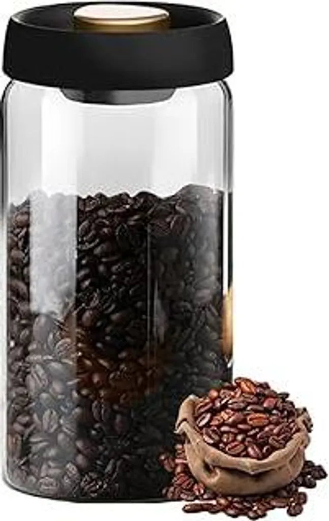 Barattolo per caffè 1800 ml – Barattolo per caffè sottovuoto in vetro borosilicato (nero-oro) Contenitore per chicchi di caffè, adatto per noci, tè, frutta secca, resistente all'umidità e all'ossidazione