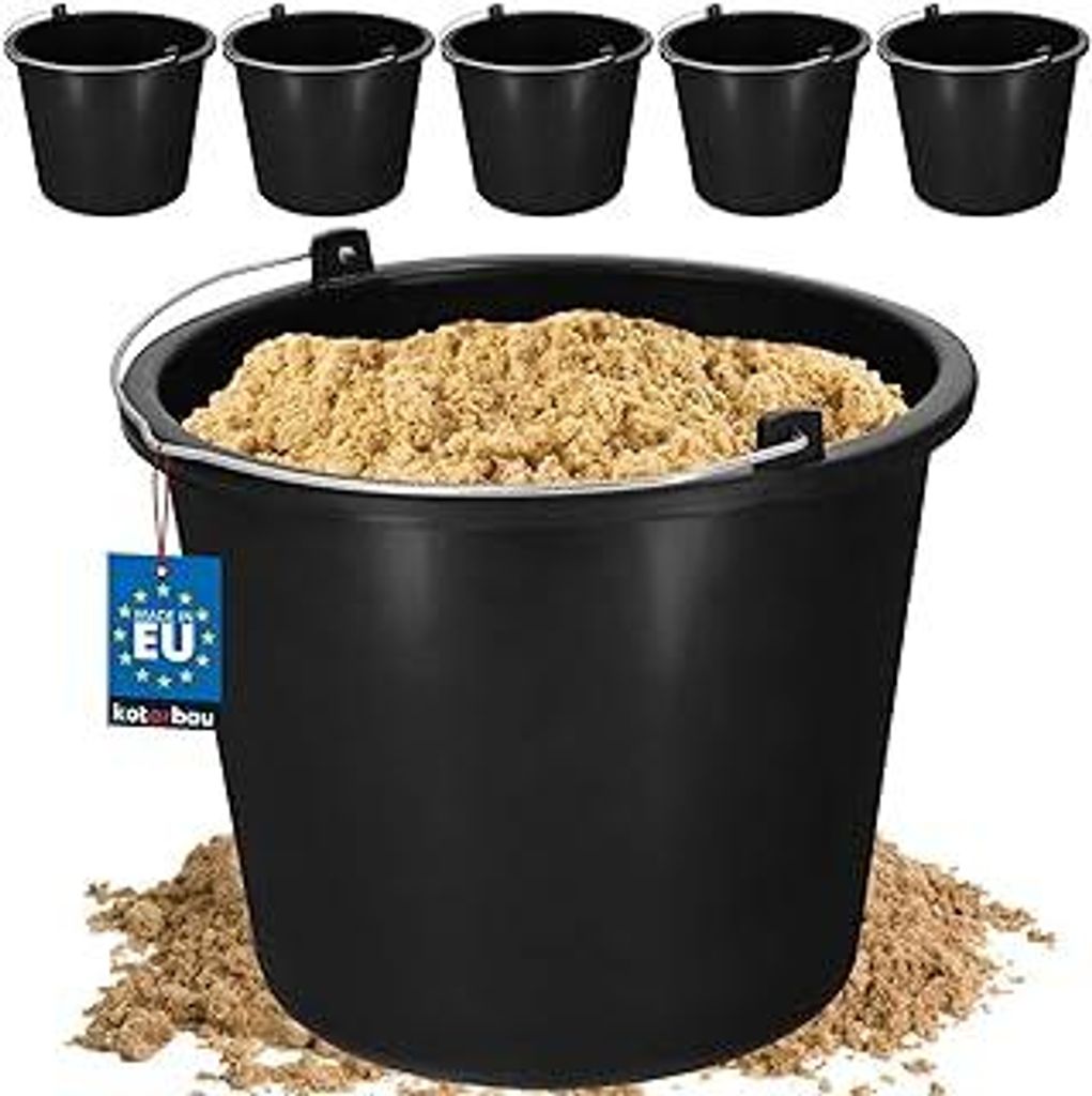KOTARBAU 5er Set Baueimer aus Kunststoff Putzeimer Mörteleimer Zementeimer Wassereimer Garteneimer Kunststoff-Eimer Schwarz 5L