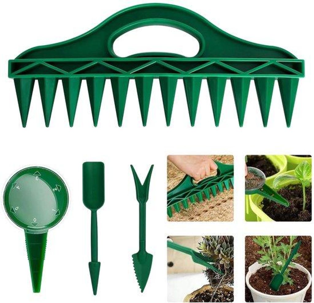 Set aus 4 Gartenmaschinen + Samenstreuer mit Pflanzstange und Pflanzhaken – Verstellbare Gartenhilfe für Saatgut, Bodenlockerung, Gemüse/Bloeme...