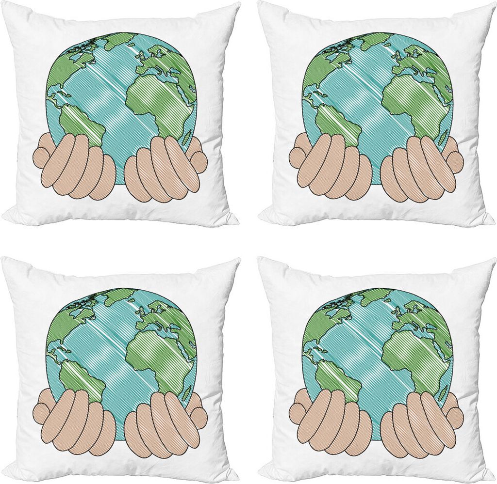 ABAKUHAUS Tag der Erde Kissenbezug Set (4 Stück), Hands Holding Globe Kunst, Moderner Doppelseitiger Digitaldruck, 45 cm x 45 cm, Kadett-Blau Farn...