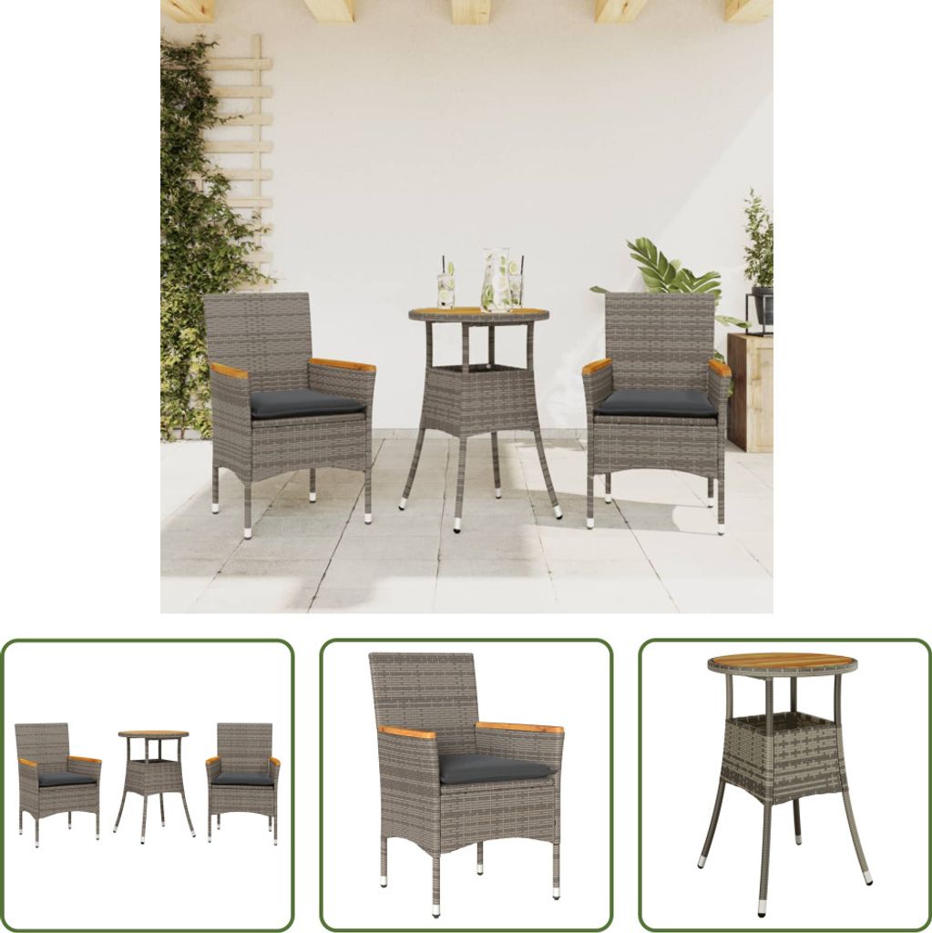 The Living Store 3-tlg. Garten-Essgruppe mit Kissen Grau Poly Rattan Akazie