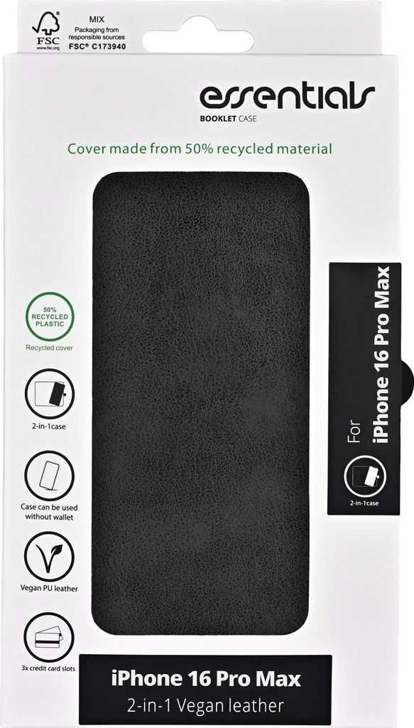 Essentials 3052329, Geldbörsenhülle, Apple, appleiphone16promax, 17,5 cm (6.9"), Schwarz