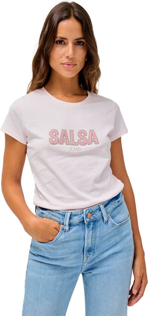 Salsa Jeans Institutional Beaded Branding Kurzarm-t-shirt Rosa M Frau Rosa M