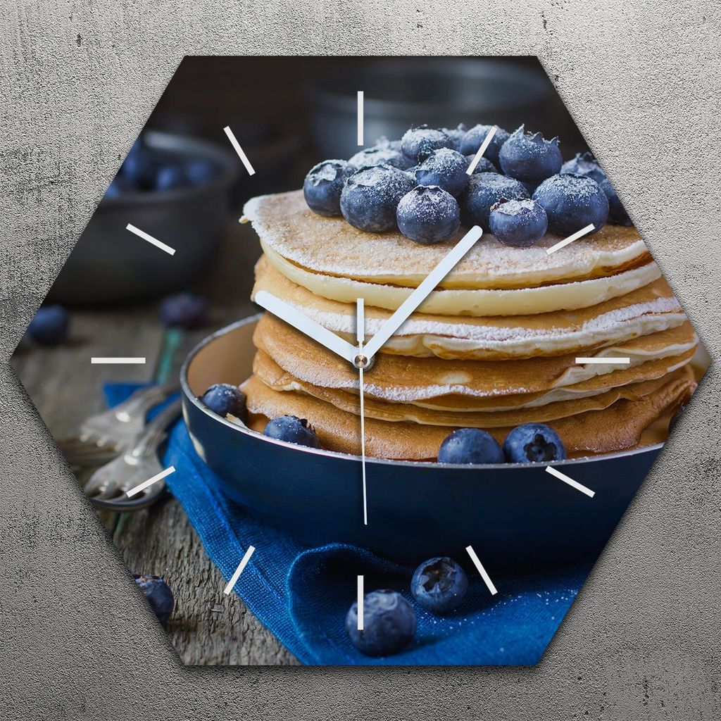 Uhr hexagonal 40 cm Glas Geräuschlos weiße Zeiger - Pfannkuchen mit Heidelbeere
