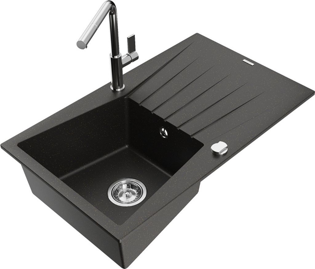 Mexen Cesar 1 Becken-Granitspüle mit Abtropffläche und Mischbatterie Flora, Schwarz/Gold metallisch - 6514-75-670401-00