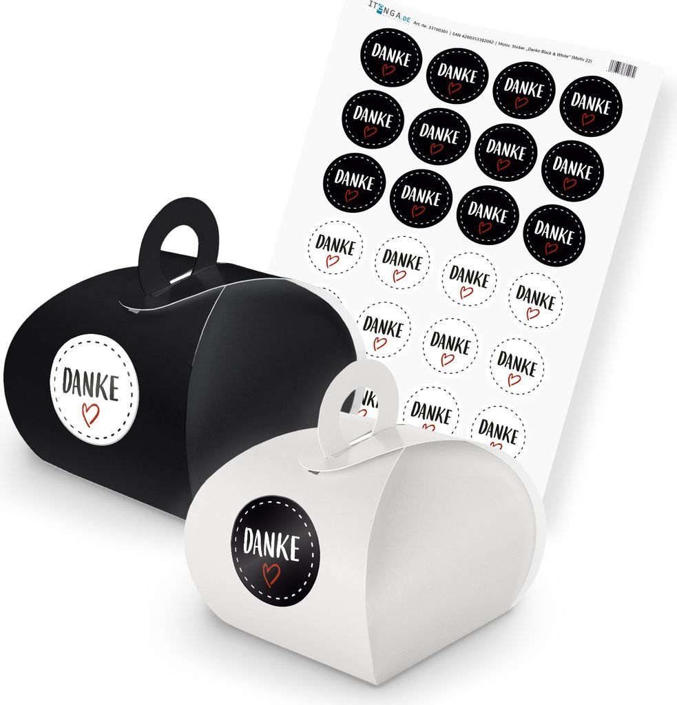 itenga SET DANKE (Motiv 22) 24x Geschenkschachtel mit Griff schwarz weiß + Stick