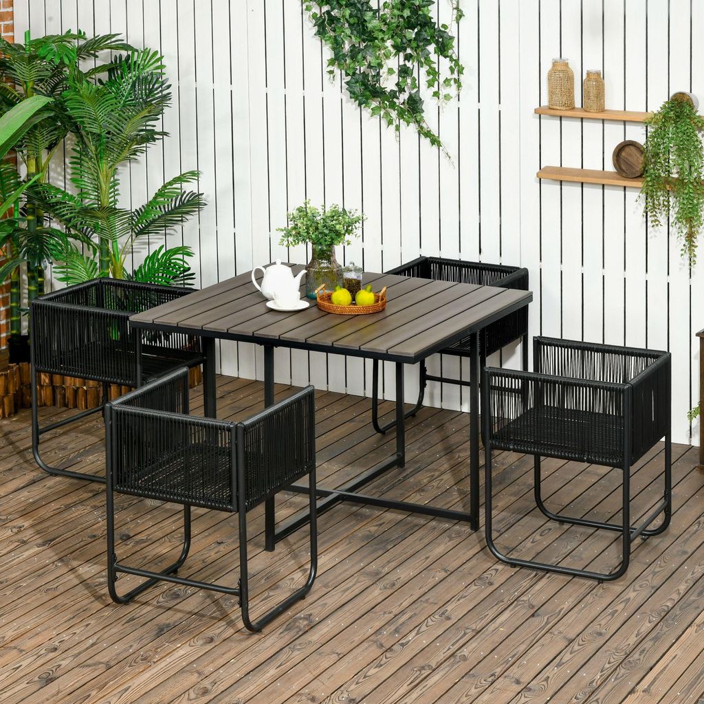 Outsunny 5-teiliges Polyrattan Gartenmöbel Set – Esstisch mit 4 Stühlen & Beistelltisch, stilvolle Essgruppe für Balkon & Garten