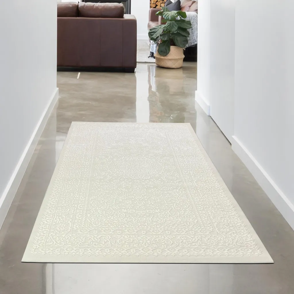 Tapis de salon ornemental crème 80x150 en relief structure haute-basse
