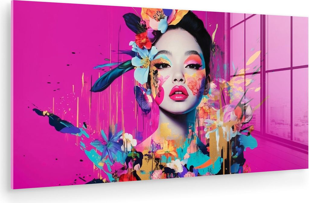 MuchoWow Glasbilder - Bilder auf Wandbild - Foto auf Glas Frau - Porträt - Abstrakt - Lila 120x60 cm Wanddekoration aus Glas - Acrylglasbild - Acr...