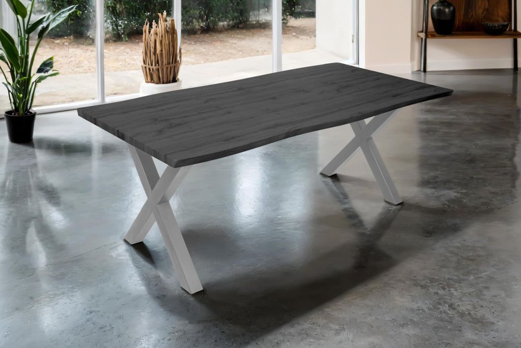 Esstisch Josy | 200 x 100 cm | Holz-Optik in Grau | X-Gestell Metall Silber | 40 mm Tischplatte mit Baumkante | Tisch für Esszimmer & Küche