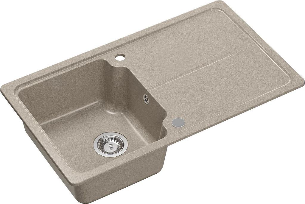 A beige granite kitchen sink with a drainboard, shown from a slightly elevated angle against a white background.
