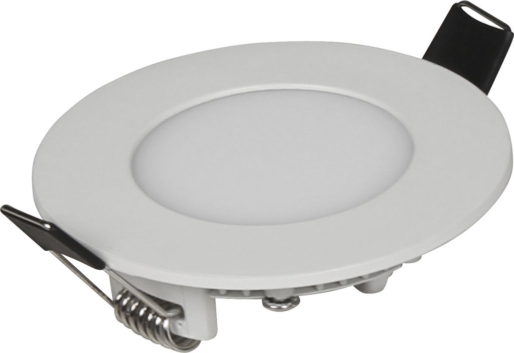 A white LED ceiling light with silver mounting clips and a black connector.