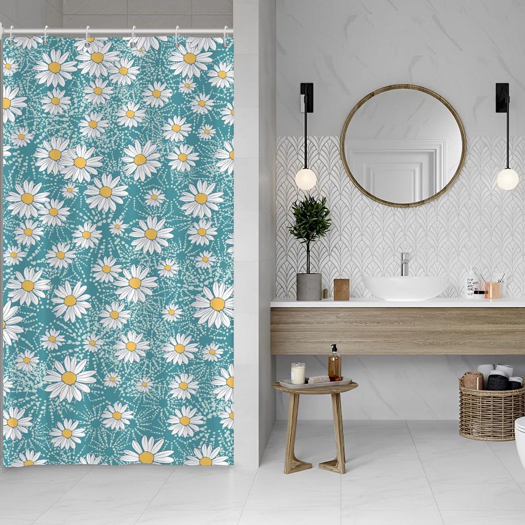 Duschvorhang mit Blumenmuster, 120 x 180 cm, Frühling/Sommer, weiß, gelb, Gänseblümchen, blau, schmal, waschbar, Polyestergewebe, wasserdicht, ...