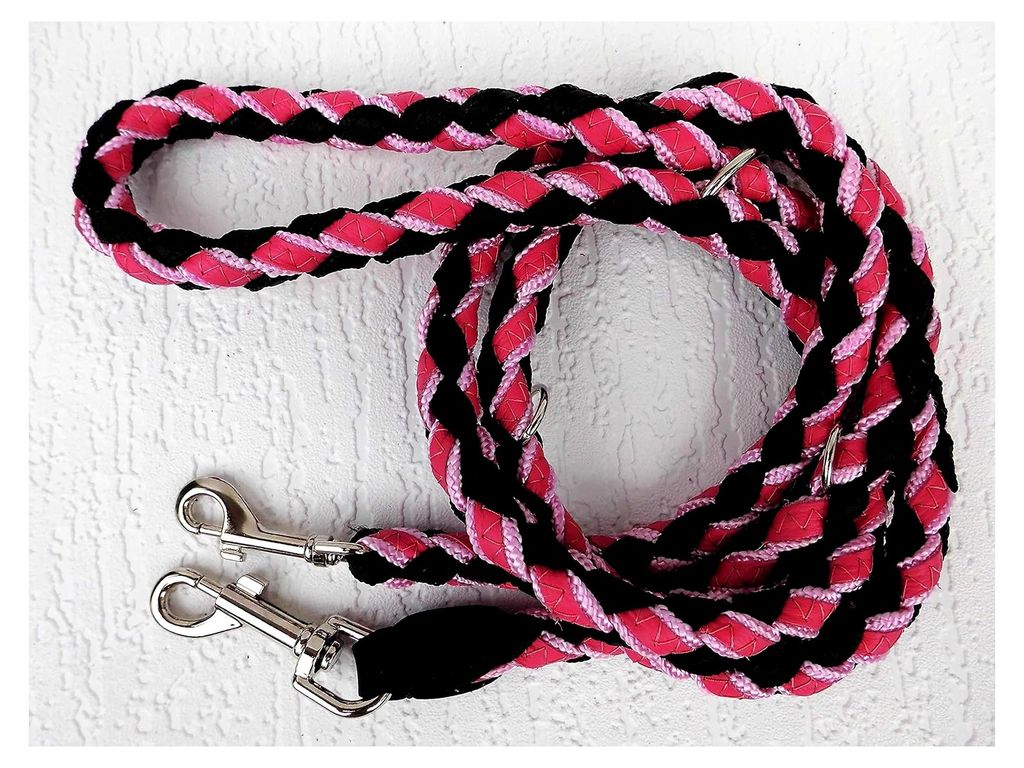 Runde geflochtene Führleine, 200cm/16mm, 3-fach verstellbar, Echtleder, Rosa-Schwarz