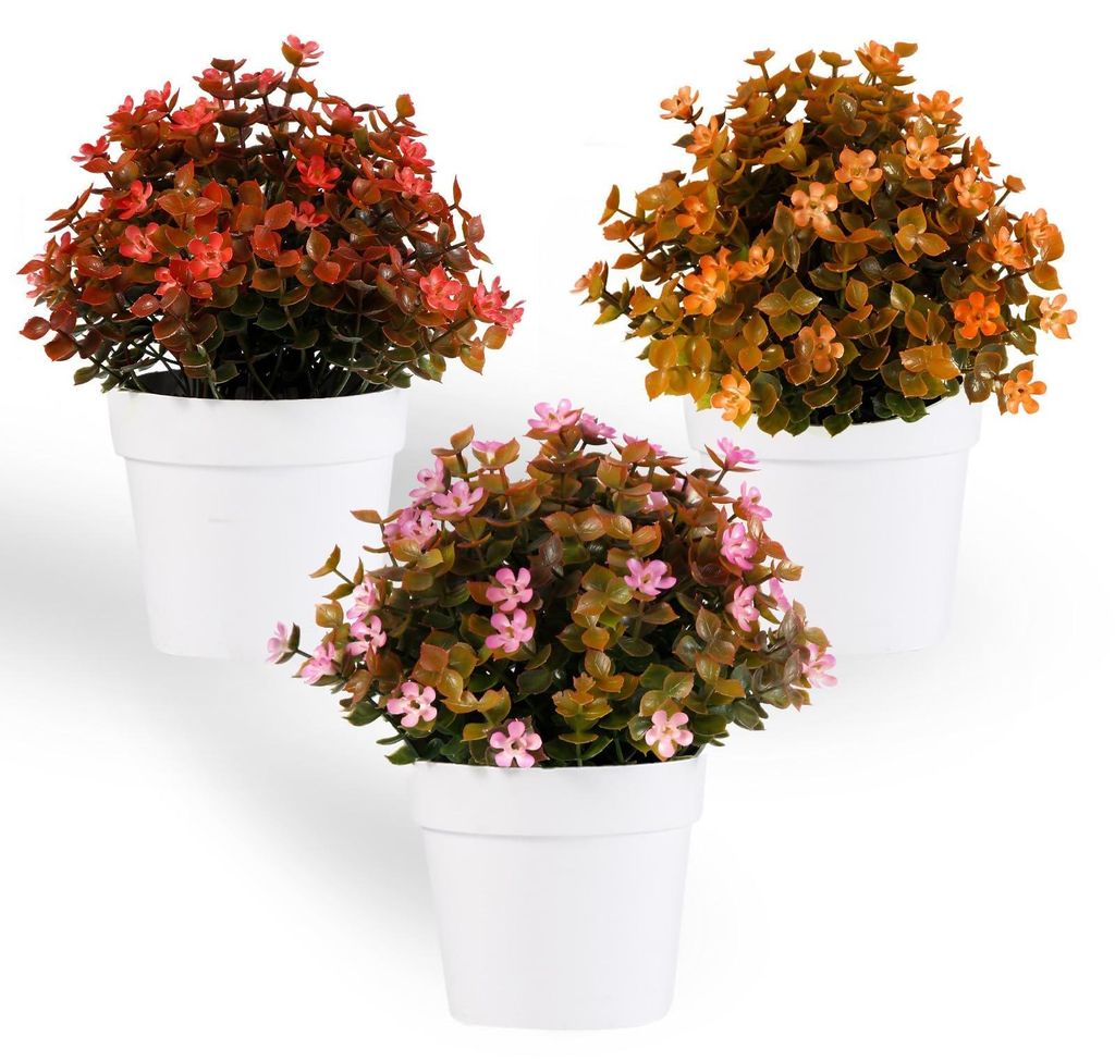 Set mit 3 kleinen künstlichen Pflanzen im Topf, 19 cm hoch, in den Farben Rot und Orange (Lotussamen). Diese kleinen künstlichen Pflanzen mit Top...