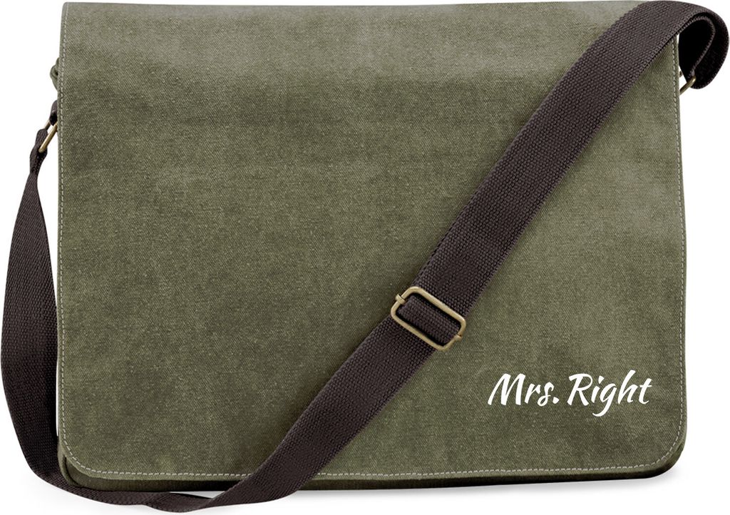 Huuraa Umhängetasche Mrs. Right Schriftzug 14 Liter Military Green Canvas Laptoptasche Geschenkidee