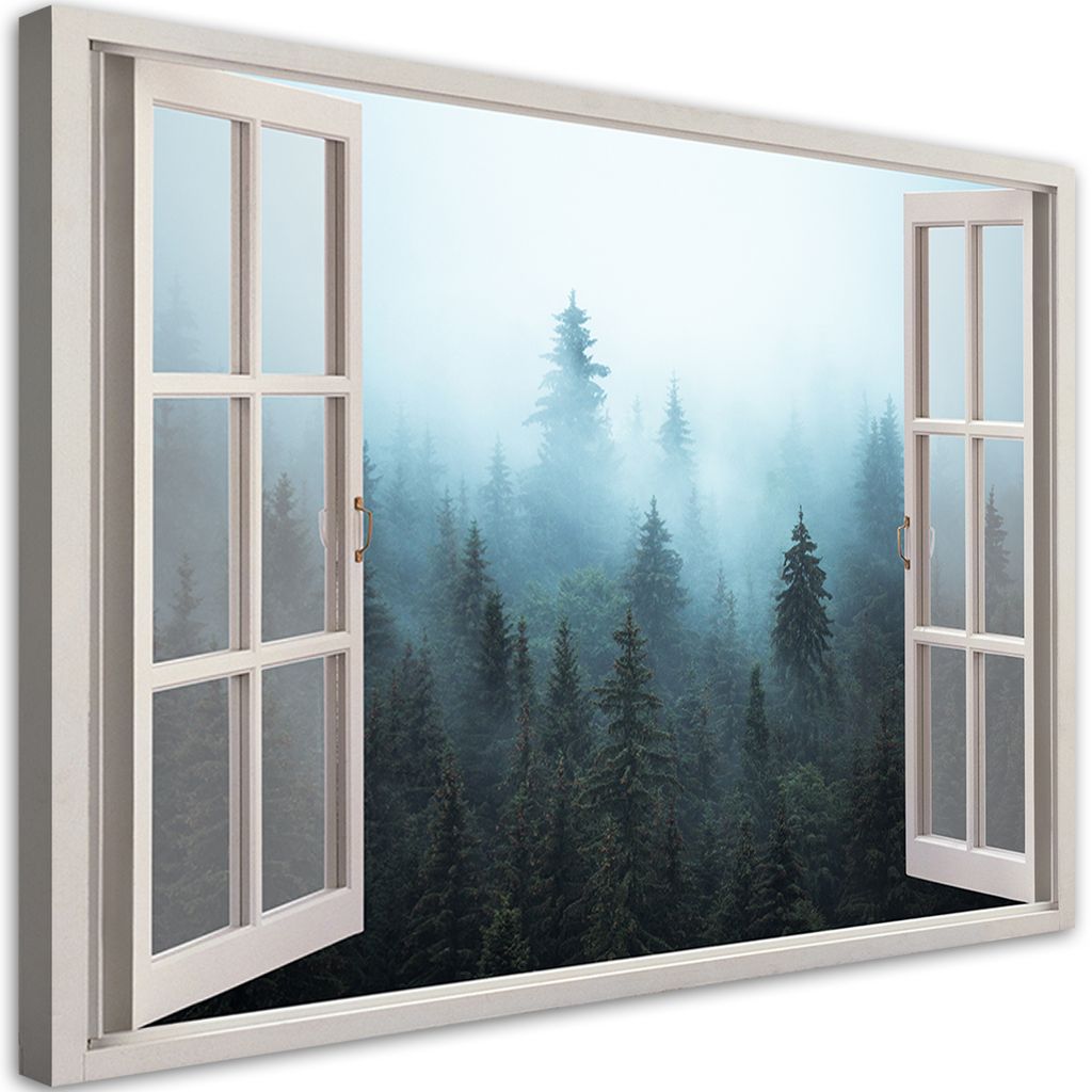 Leinwandbild Fenster Wald im Nebel Natur 120x80 Feeby Grün bild für die wand bereit zum aufhängen