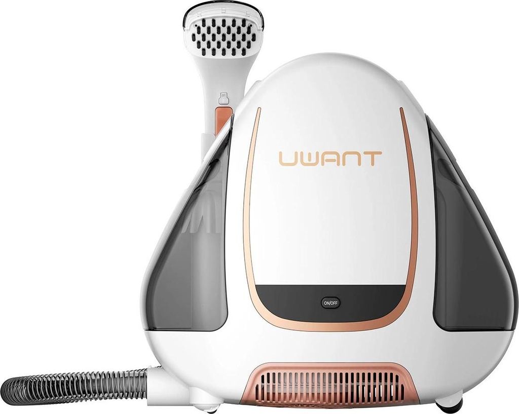 A white and copper fabric stain remover with a hose and nozzle attachment.