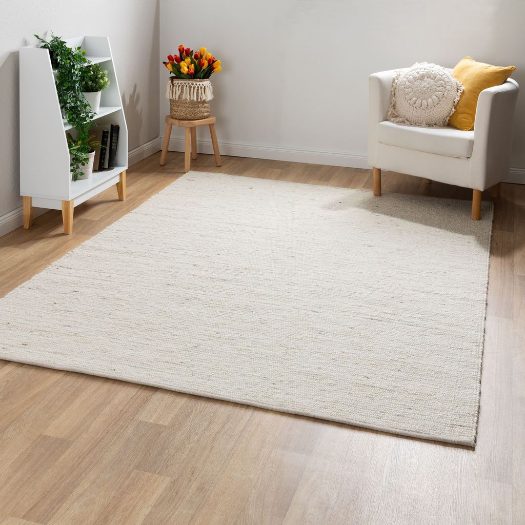 Steffensmeier Handwebteppich Landshut exklusiv | Wolle (Schurwolle) gewalkt, Natur Hell, handgewebt, Größe: 60x110 cm Wohnzimmer und Schlafzimmer