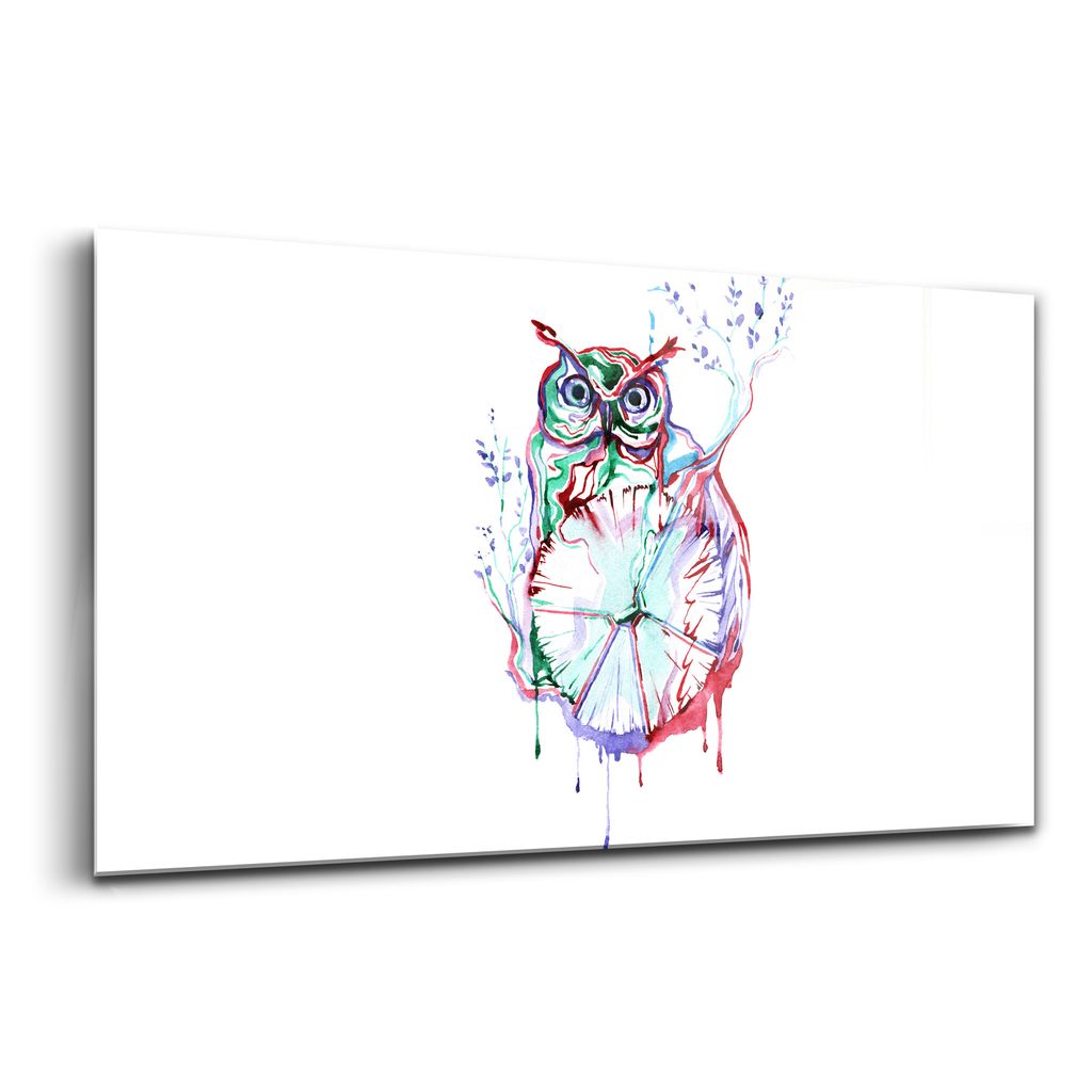 Glasbild - Dekorative Malerei - Moderne Malerei - 140x70 - Illustration einer Eule und einer Uhr, die die Zeit angibt