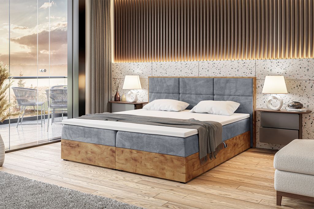 MEBLINI Boxspringbett mit Bettkasten - Gepolstert Doppelbett mit Matratze und Topper - Polsterbett mit Stauraum - Bett mit Kopfteil - Stauraumbett ...