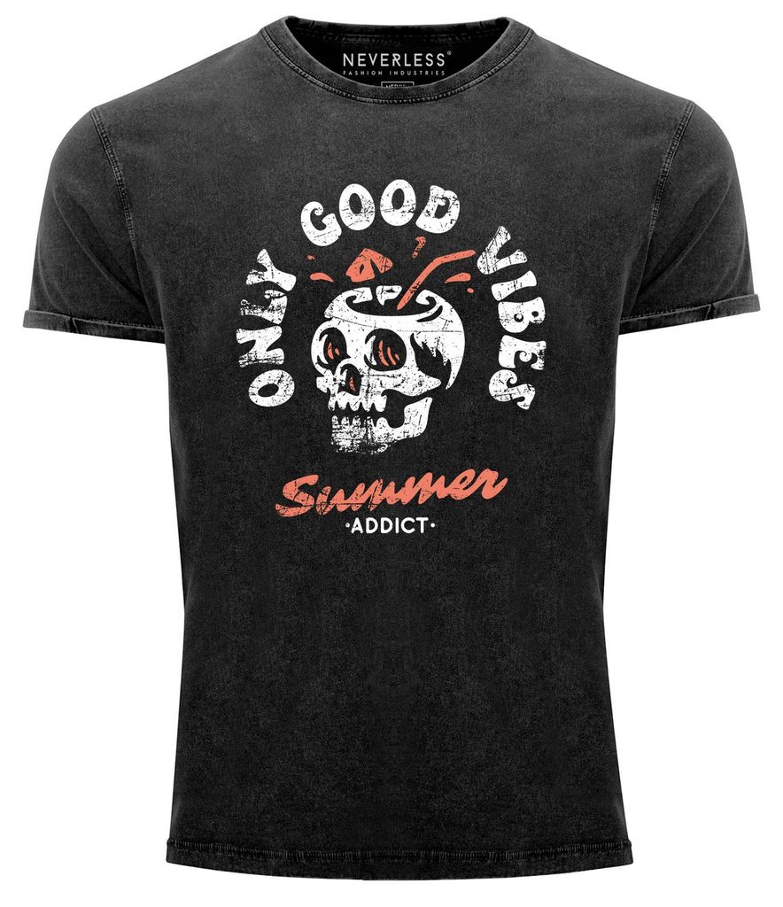 Herren Vintage Shirt Totenkopf Schrift Only Good Vibes Skull Summer Sommer Printshirt Aufdruck Used Look Neverless schwarz S