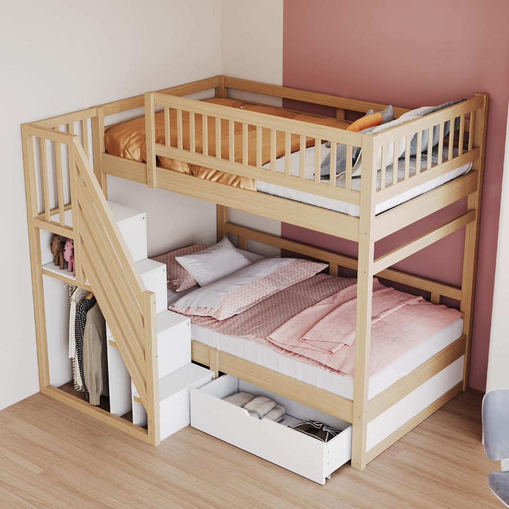 Merax Etagenbett 90x200 cm mit Treppe, Kinderbett für 2 Kinder mit Stauraum, Schubladen und Hohem Geländer, Jungenbett aus Massivholz, Natur