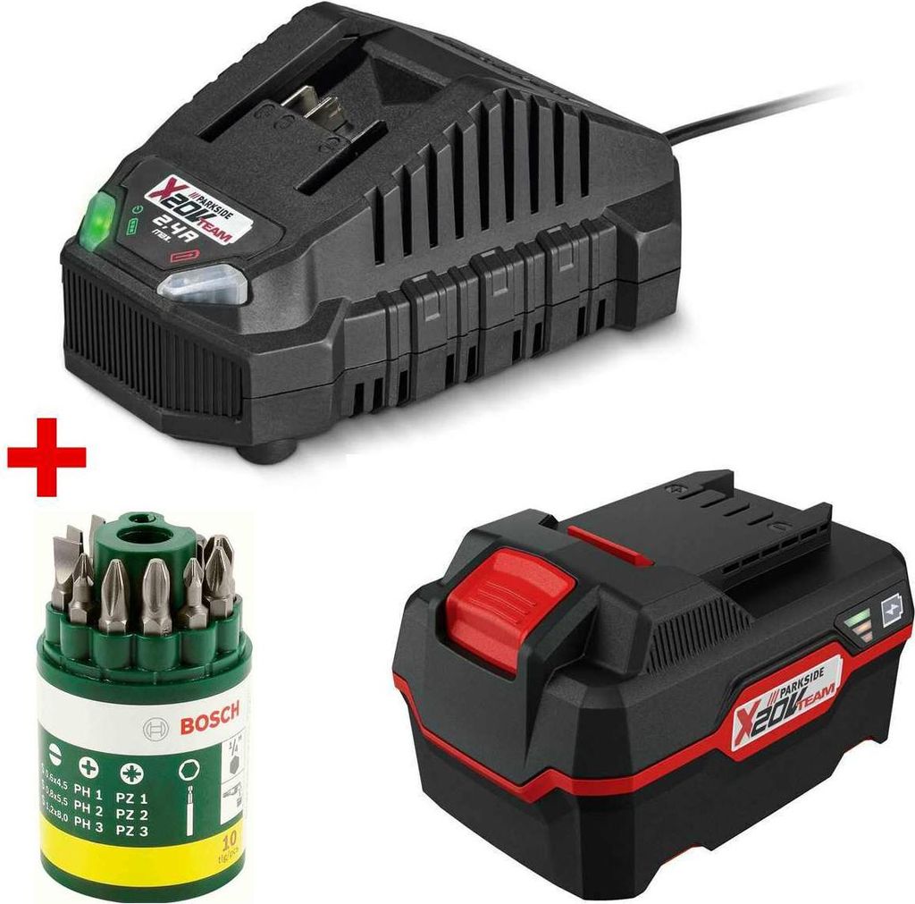 Parkside Akku 20 V 4.0 Ah PAP 20 + Ladegerät + Bosch Bitset 10 Tlg.
