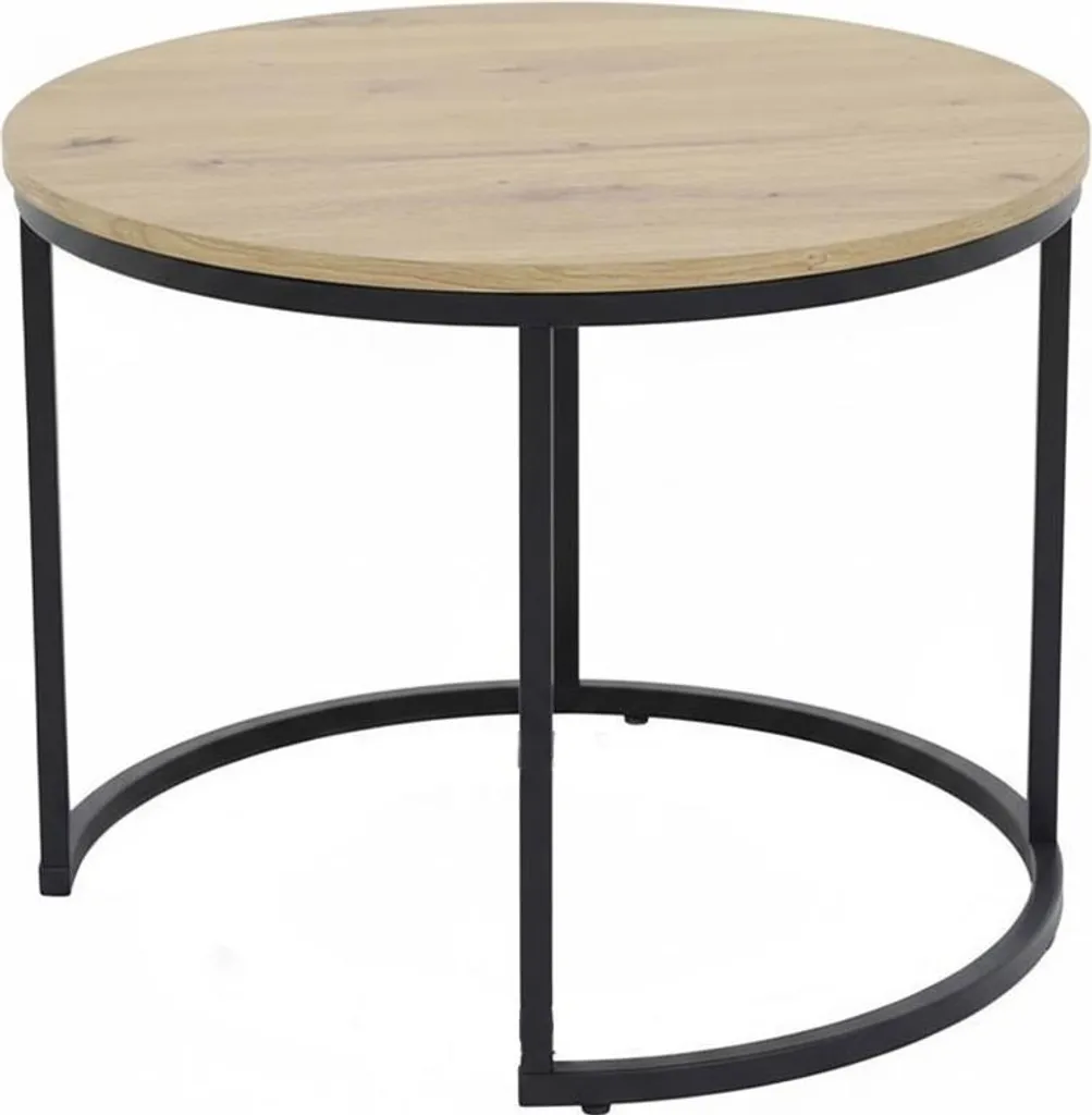 Table basse ronde Lindau finition chêne artisanal, plateau bois et noir