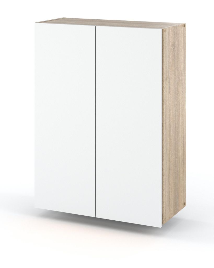 A product shot of a wall-mounted bathroom cabinet with two doors.