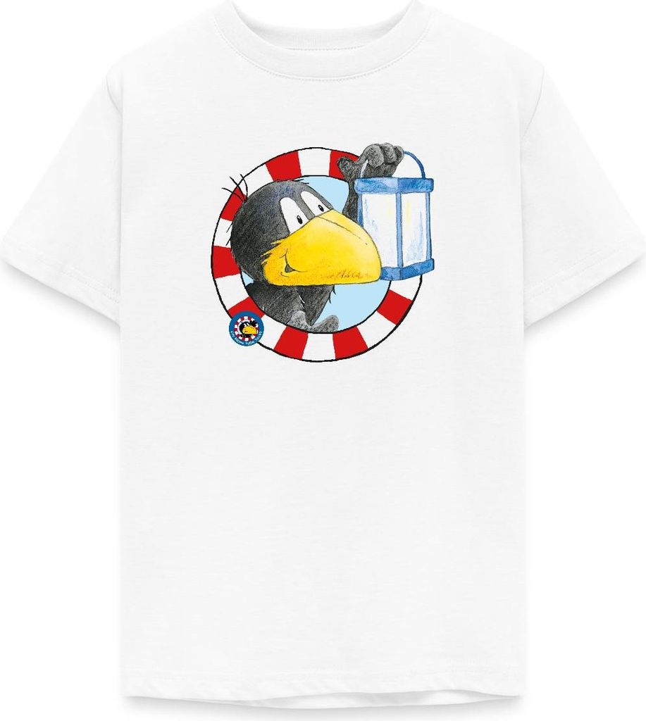 Spreadshirt Der kleine Rabe Socke mit Laterne Teenager T-Shirt, 152/164 (12-14 Jahre), Weiß
