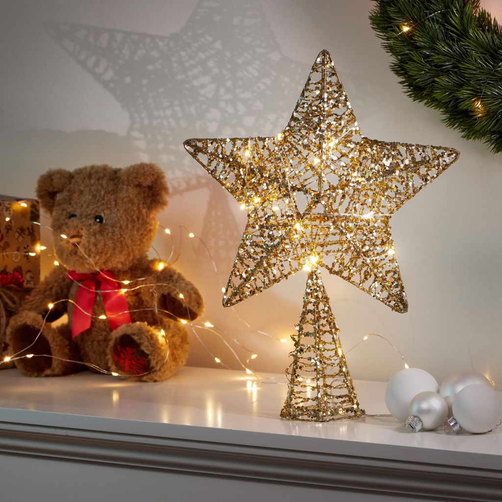 COM-FOUR LED Deko Stern Weihnachten - Weihnachtsdekoration Stern mit LED und Timer - Aufsteller Weihnachtsstern mit Pailletten