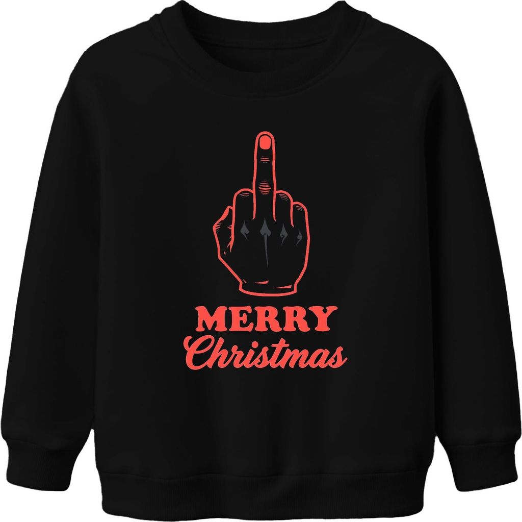 MERRY Christmas Mittelfinger frech sarkastisch Weihnachten lustig Uni Kinder Sweatshirt Pullover, Schwarz, 104