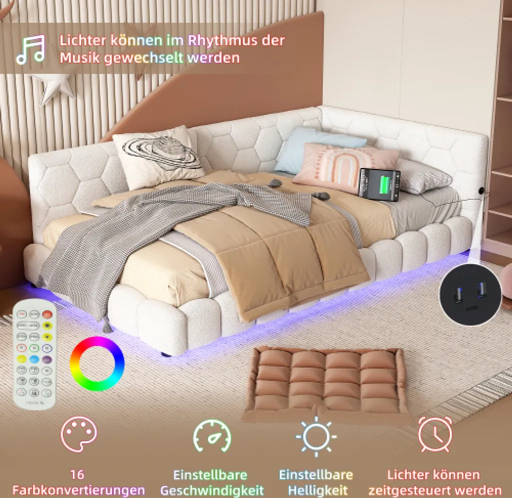 Lit banquette blanc avec chargeur USB pour optimiser les petits espaces