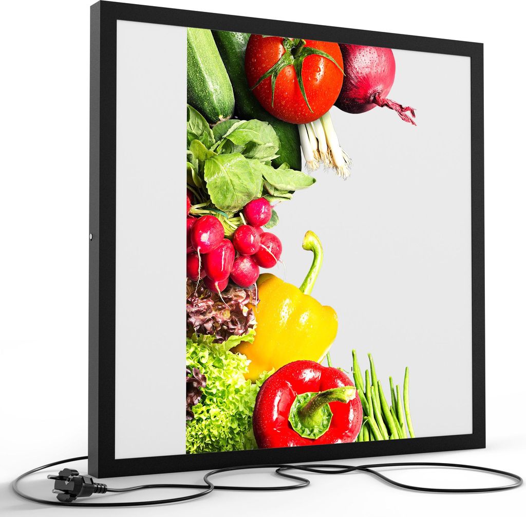 DEQORI LED-Bild & Lampe 60x60 cm Schwarz 'Schiefertafel mit Gemüse' Leuchtbild Leuchte