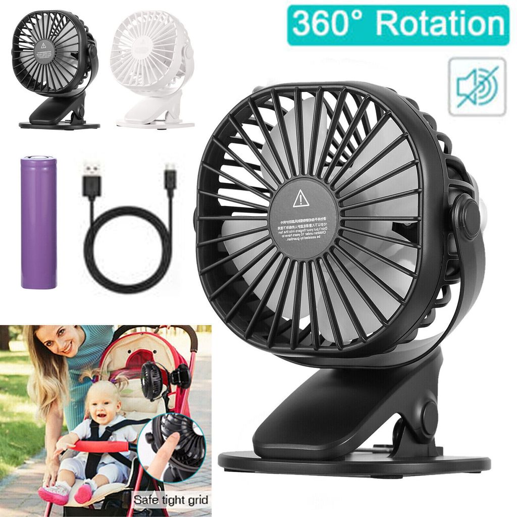 360° Mini USB Ventilator Akku Clip Fan Tischventilator mit Batterie Tisch Lüfter Schwarz